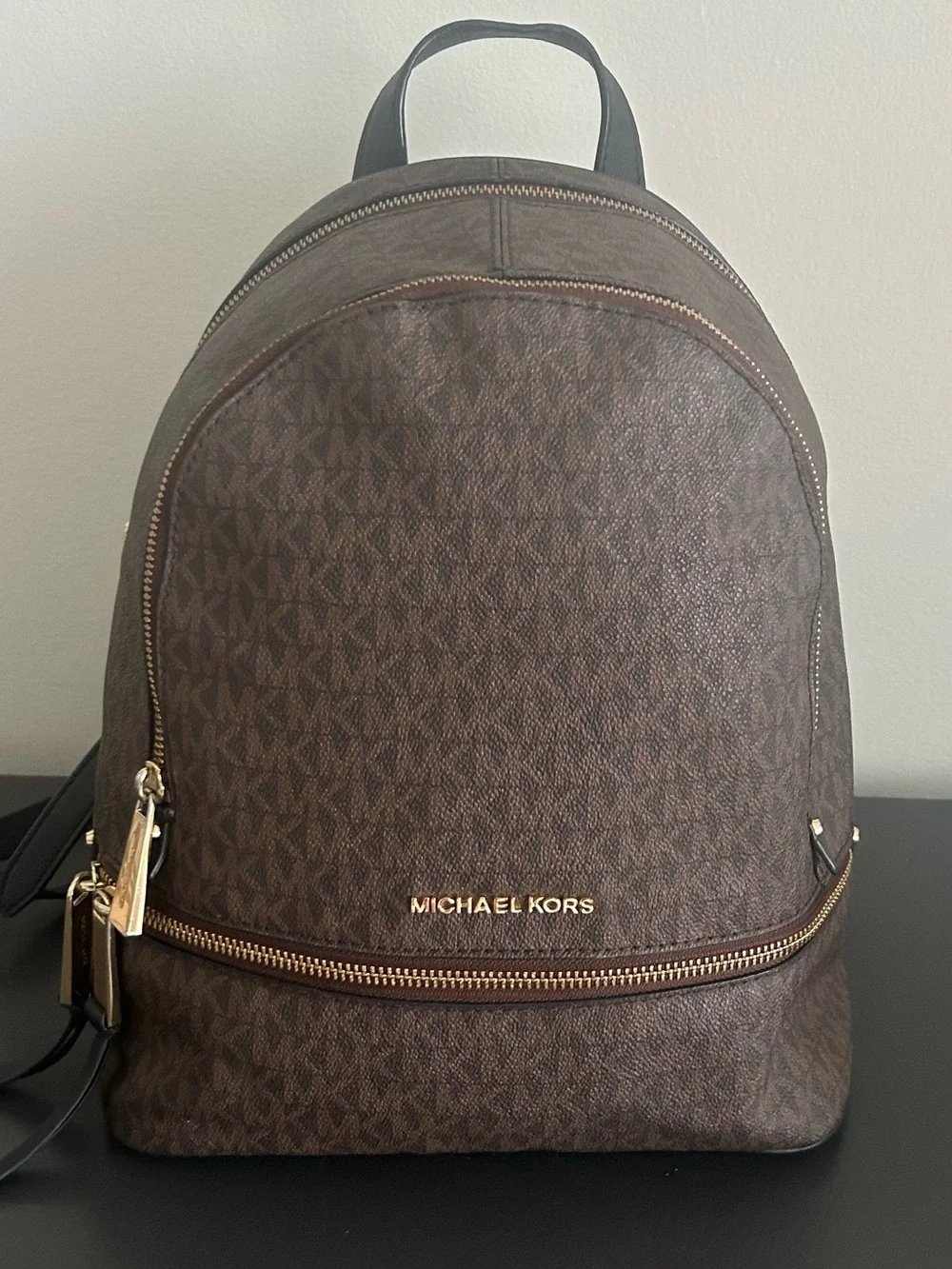 Michael Kors Jaycee Brown MK Signature Backpack Gold Hardware Travel Bookbag